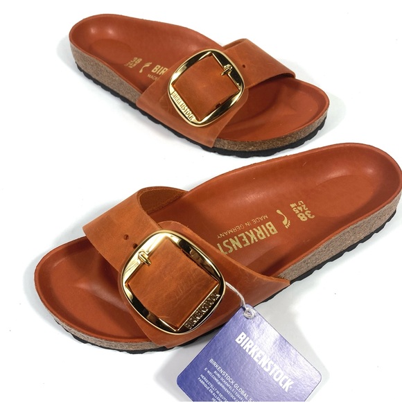 Birkenstock Madrid Big Buckle Slide Sandals Oiled Leather Burnt Orange NEW - Picture 8 of 17